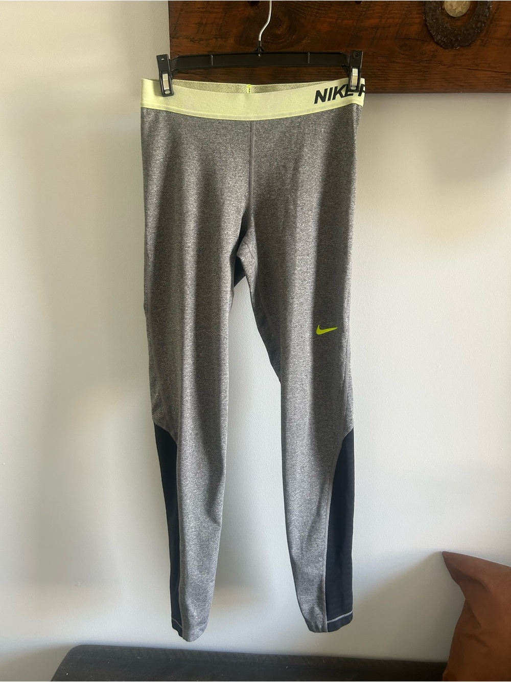 Nike Gray Leggings with Neon Yellow Waistband and Swoosh Accent